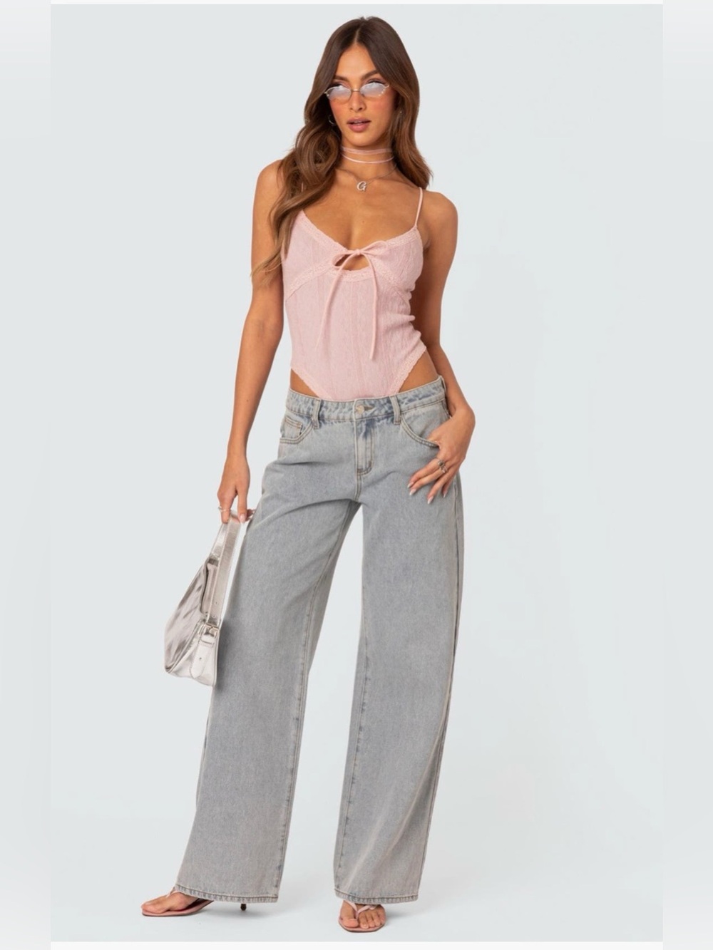 Edikted Wide Leg Jeans in Light Blue Wash Bow Pocket XS